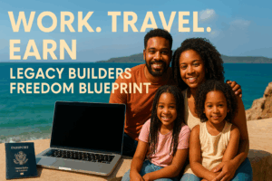 “Family smiling on the beach with a laptop and the text ‘Work. Travel. Earn. Legacy Builders Freedom Blueprint’ promoting digital freedom and online income opportunities.