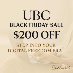 Square 600×600 blog graphic promoting the UBC Black Friday Sale with gold and beige accents, digital freedom imagery, and the Chillstar 08 logo in the bottom-right corner.