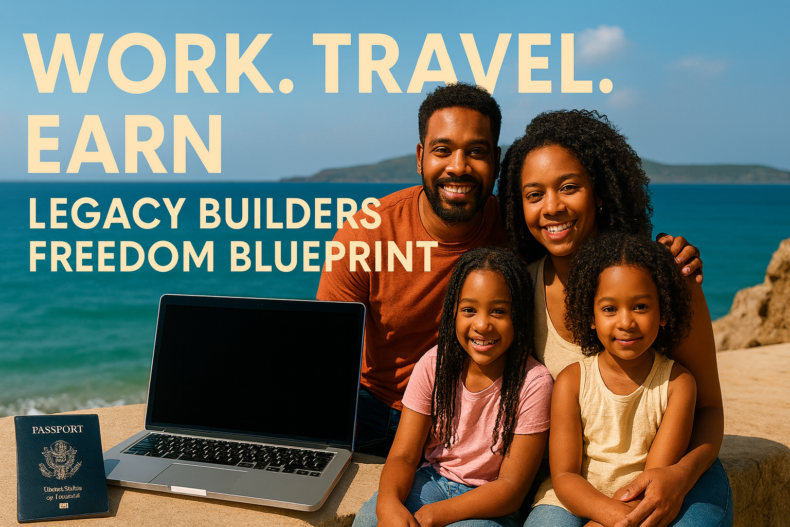 “Family smiling on the beach with a laptop and the text ‘Work. Travel. Earn. Legacy Builders Freedom Blueprint’ promoting digital freedom and online income opportunities.