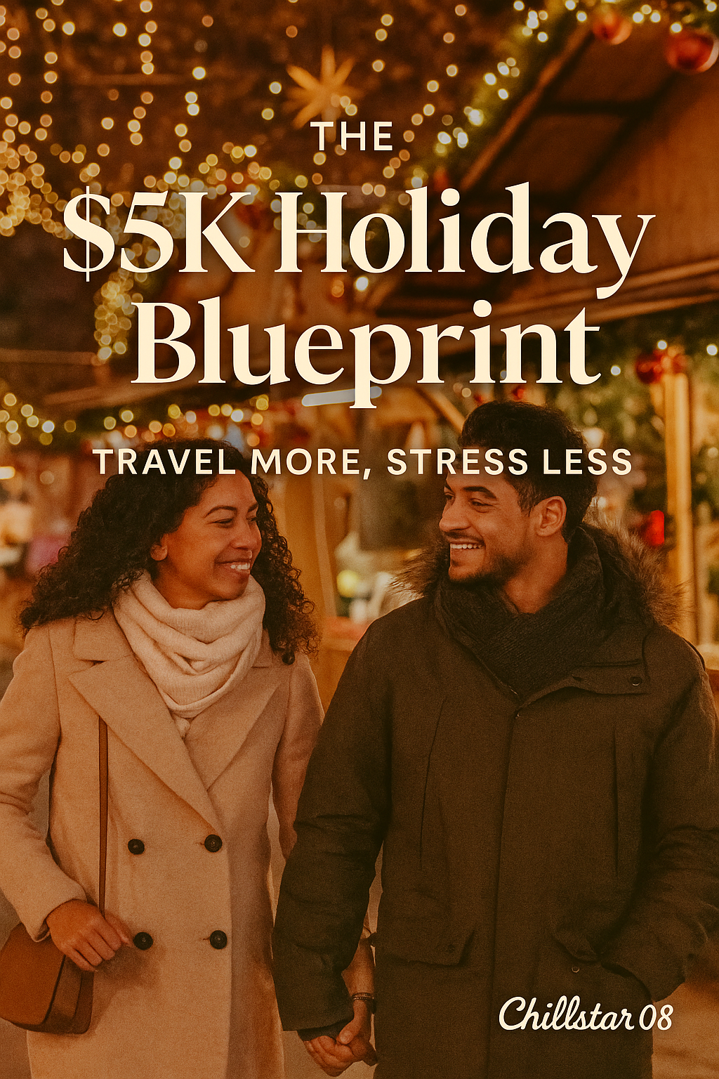 A couple walking through a festive Christmas market at night with warm golden lights, promoting the $5K Holiday Blueprint for stress-free travel and holiday income.