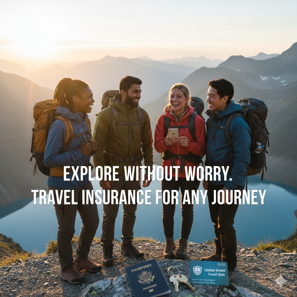 Group of diverse hikers smiling at a scenic mountain overlook with travel insurance protection