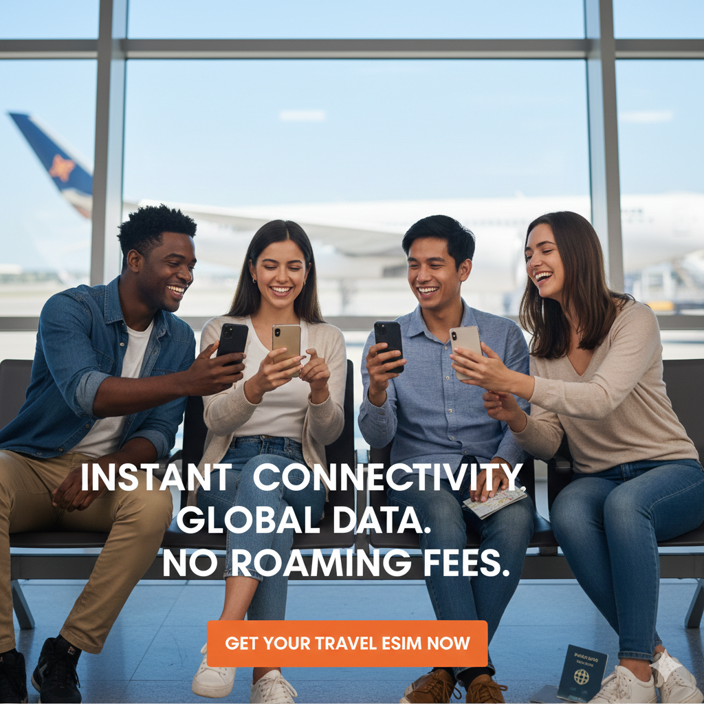 Group of happy travelers using their smartphones for instant global data connectivity