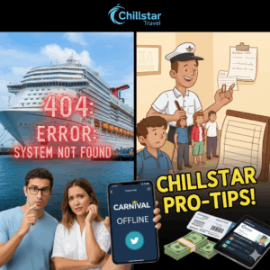 Graphic showing a Carnival cruise ship with a 404 error message and Chillstar Travel pro-tips for the 2026 IT outage.
