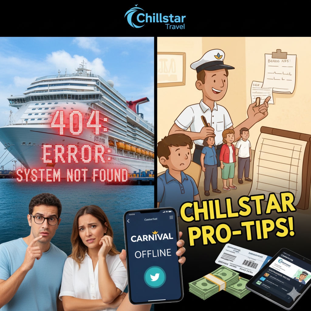 Graphic showing a Carnival cruise ship with a 404 error message and Chillstar Travel pro-tips for the 2026 IT outage.