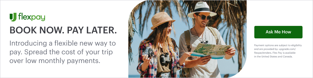 Flex Pay by Upgrade banner showing a couple traveling and flexible payment options