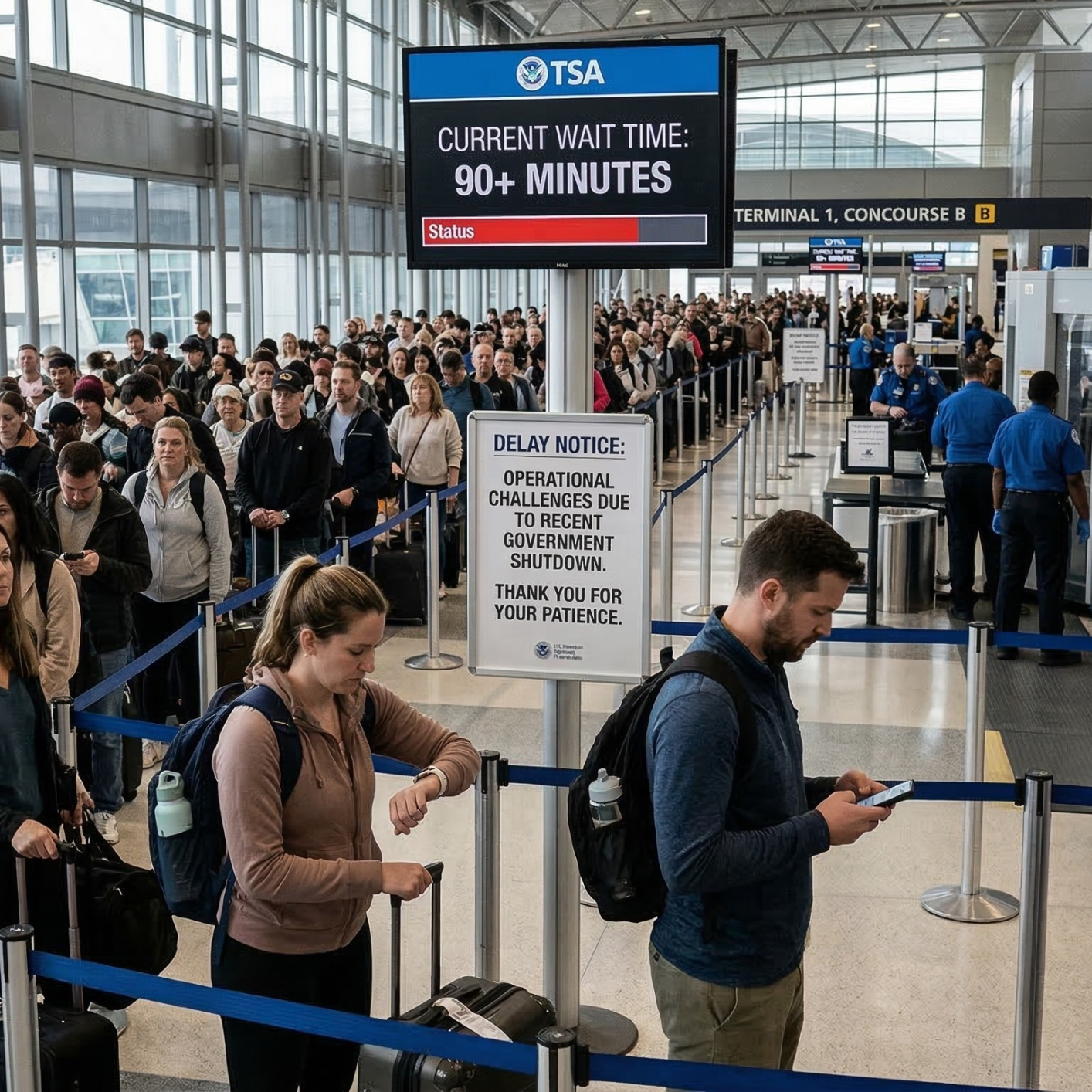 A long, crowded airport security line in 2026 with a digital sign showing a 90-minute wait due to a government shutdown.